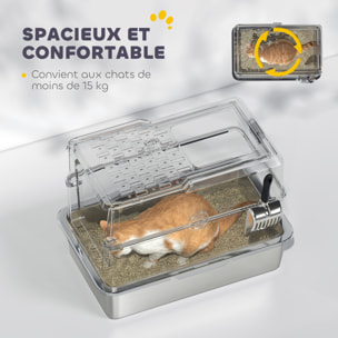 Maison de toilette bac à litière fermé acier inox - pelle, couvercle amovible, porte, anti-fuite - gris clair