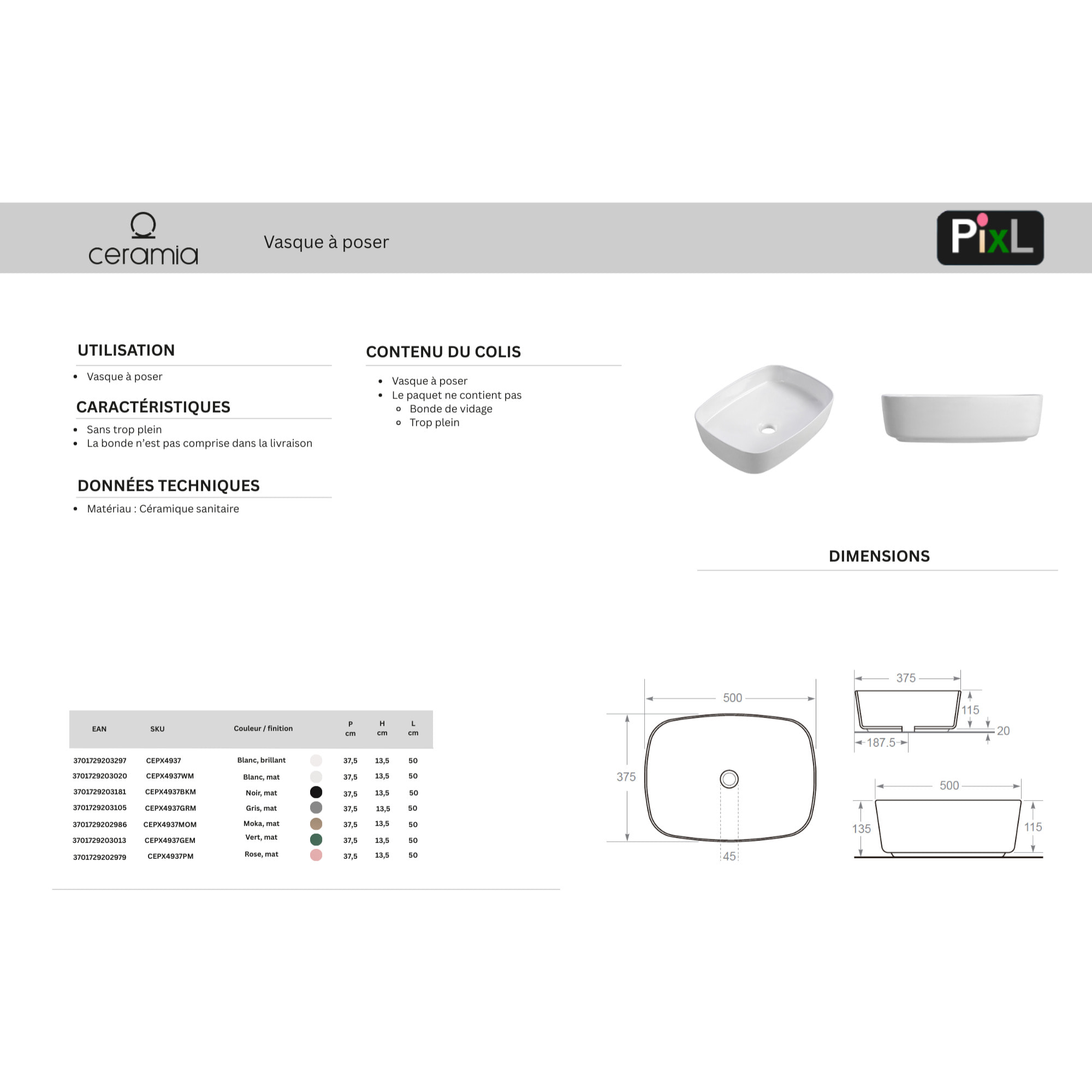 Vasque à poser rectangulaire 50 x 37,5 x 13,5 cm sans trop-plein vert mat PixL (CEPX4937GEM)
