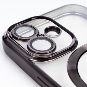 Carcasa transparente con cámara cubierta, bordes negros, antichoque y antihuellas. Magsafe para iPhone 16.