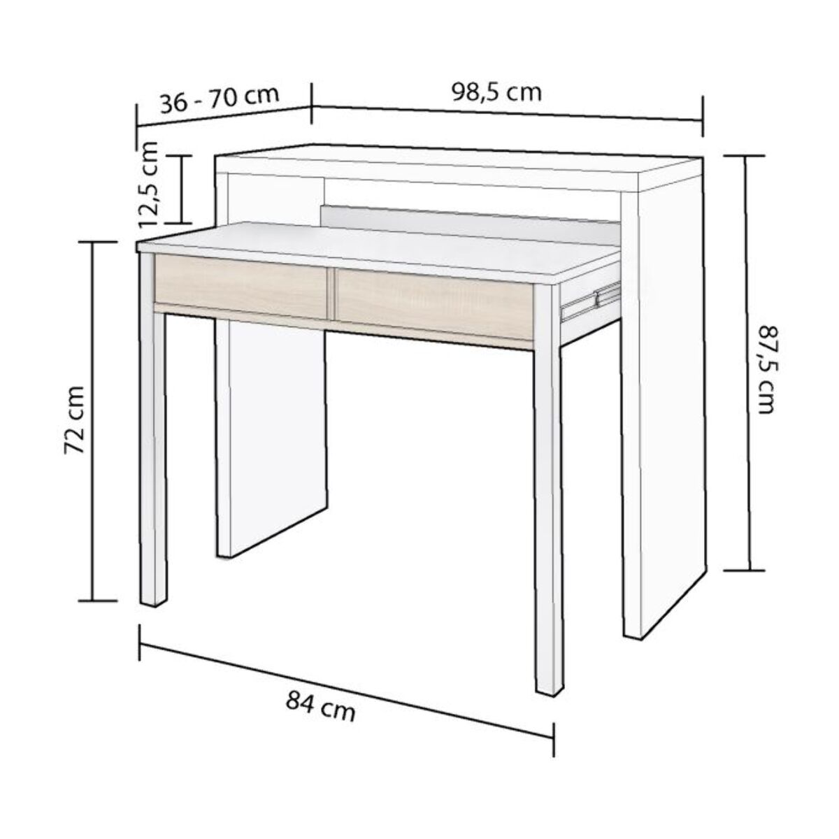 Mesa de escritorio extensible Zira Blanco Artik (Blanco Mate) - Roble Canadian