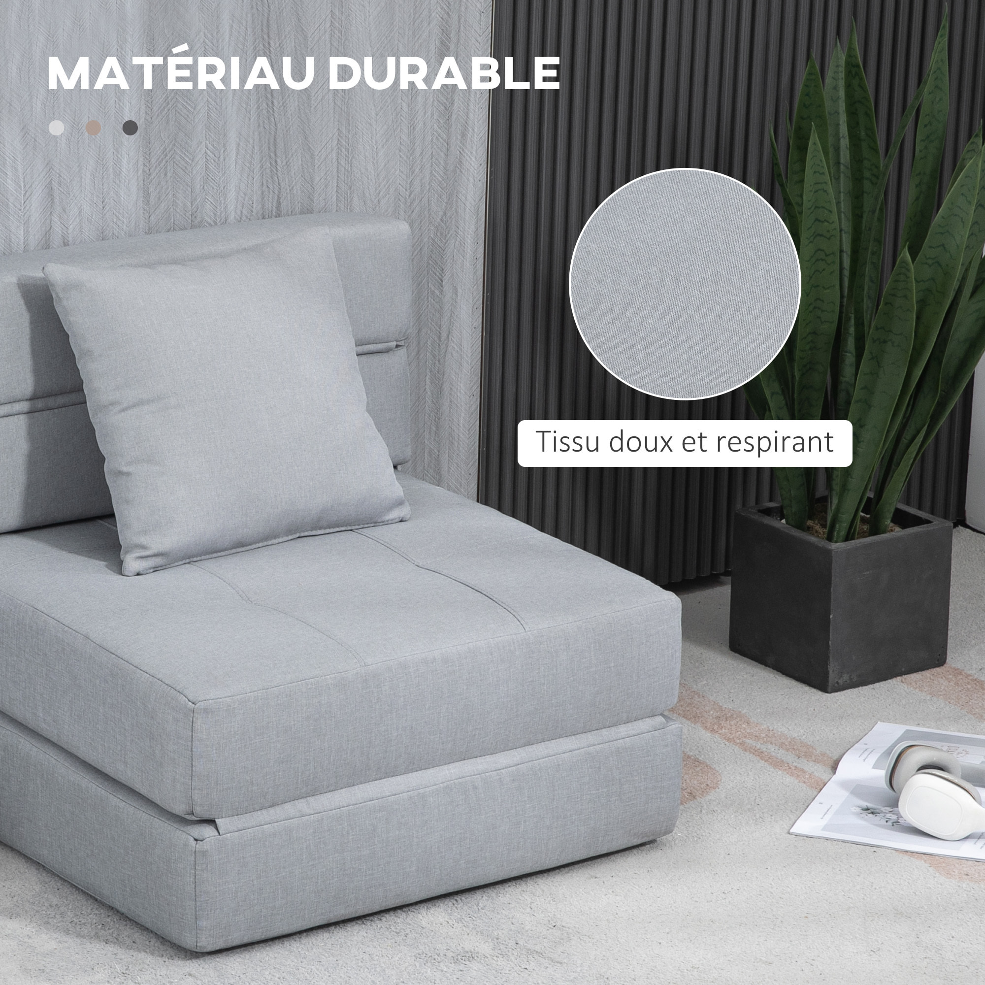 Chauffeuse canapé-lit convertible 1 place - coussin déhoussable inclus - tissu gris clair