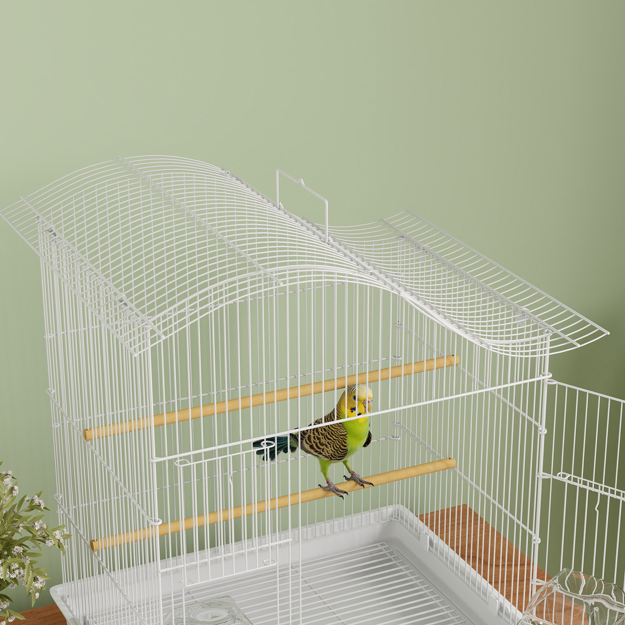 Cage à oiseau 4 portes 2 perchoirs 2 mangeoires plateau coulissant poignée blanc