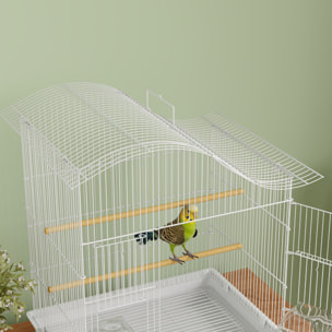 Cage à oiseau 4 portes 2 perchoirs 2 mangeoires plateau coulissant poignée blanc