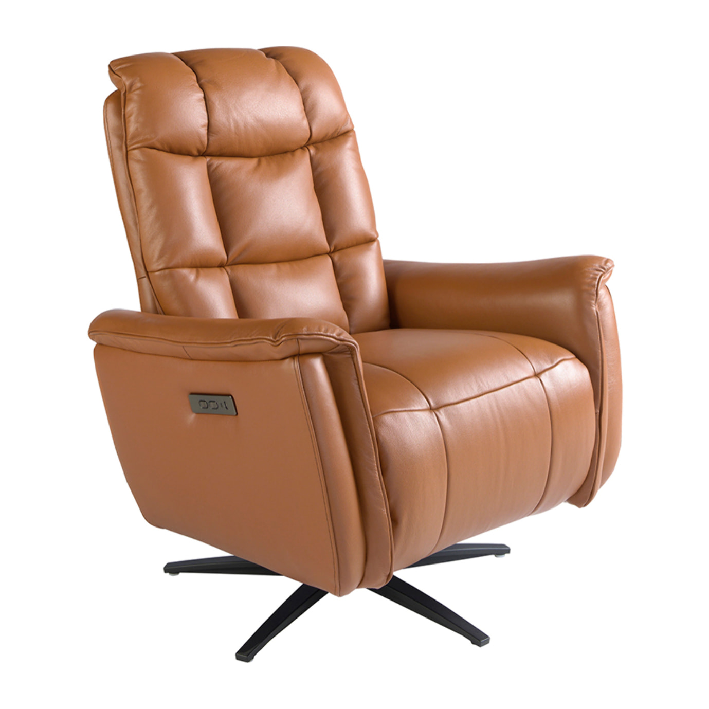 Sillón Angel Cerdá relax giratorio con reposabrazos con asiento y respaldo tapizados en piel de origen vacuno en marrón patas de acero inoxidable en epoxi negro 85x80x106cm