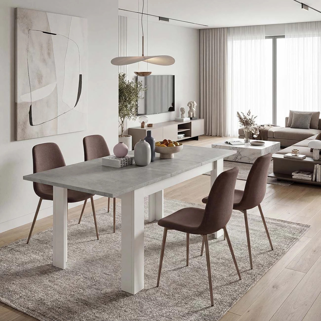 Mesa de comedor extensible en blanco artik y gris cemento 140-190x90 cm Sira Blanco Artik (Blanco Mate) - Gris Cemento