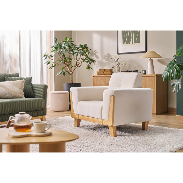 Fauteuil scandinave en tissu effet velours blanc cassé et bois clair FJORD