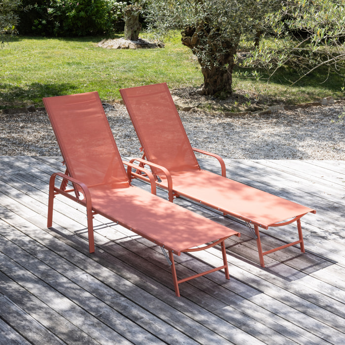 Lot de 2 bains de soleil SARDINIA en textilène terracotta - structure terracotta