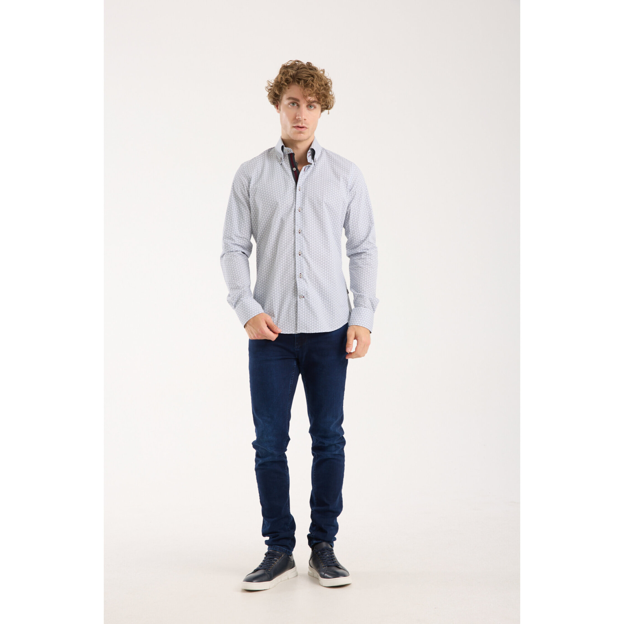 Camicia Uomo 2 Bottoni Button Down Slim Popeline Stretch Stampato Bianco e Blu