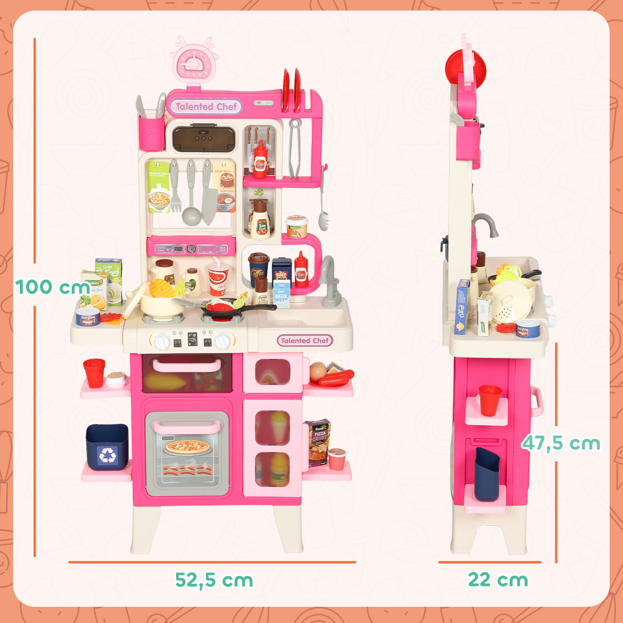 Cocina de Juguete con Luces y Sonido, Cocinita Infantil con Accesorios, Fregadero, Ollas, Utensilios y Alimentos Falsos, Juguetes para Niños a Partir de 3 Años, 52,5x22x100 cm, Rosa