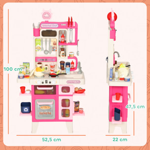 Cocina de Juguete con Luces y Sonido, Cocinita Infantil con Accesorios, Fregadero, Ollas, Utensilios y Alimentos Falsos, Juguetes para Niños a Partir de 3 Años, 52,5x22x100 cm, Rosa