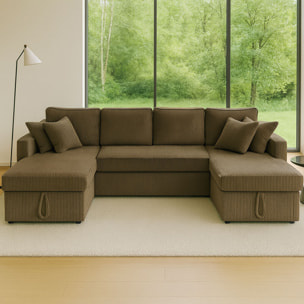 ELLA Canapé panoramique convertible avec coffres 4 places en velours côtelé vert