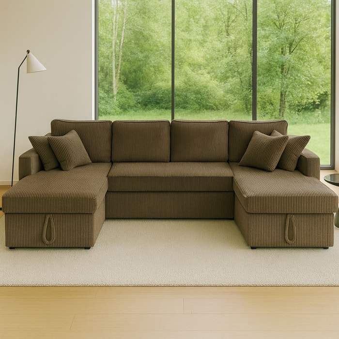 ELLA Canapé panoramique convertible avec coffres 4 places en velours côtelé vert