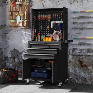 Carro de Herramientas con 3 Cajones y Tabla de Pegboard, Carro de Taller, Cerradura por Llave, Estante Ajustable, 2 Ruedas con Freno de Bloqueo, Negro