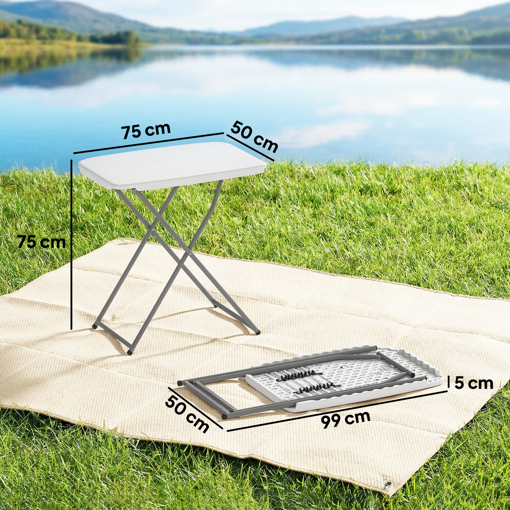 Mesa Plegable Camping, 75x50x73,5 cm, Mesa Plegable Portátil con Altura Ajustable en 5 Niveles, Encimera de HDPE y Marco Metálico, para Acampar, Senderismo, Playa, Blanco