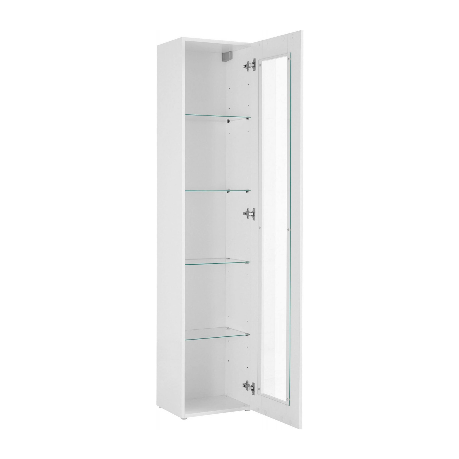 Vetrina Aristotele, Credenza con ripiani in vetro, Mobile da soggiorno multiuso con luce LED, 100% Made in Italy, cm 40x30h180, Bianco lucido