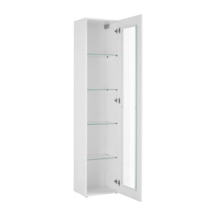 Vetrina Aristotele, Credenza con ripiani in vetro, Mobile da soggiorno multiuso con luce LED, 100% Made in Italy, cm 40x30h180, Bianco lucido