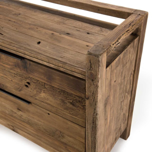 SANDY - Commode marron 2 tiroirs bois Pin recyclé poignées métal noir