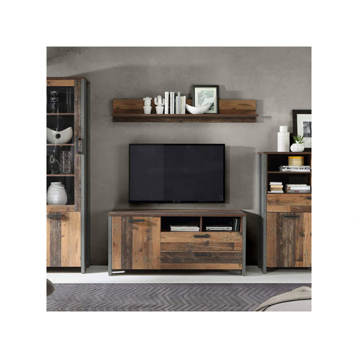 Meuble TV en bois avec 3 portes L142cm effet bois vieilli - FRED