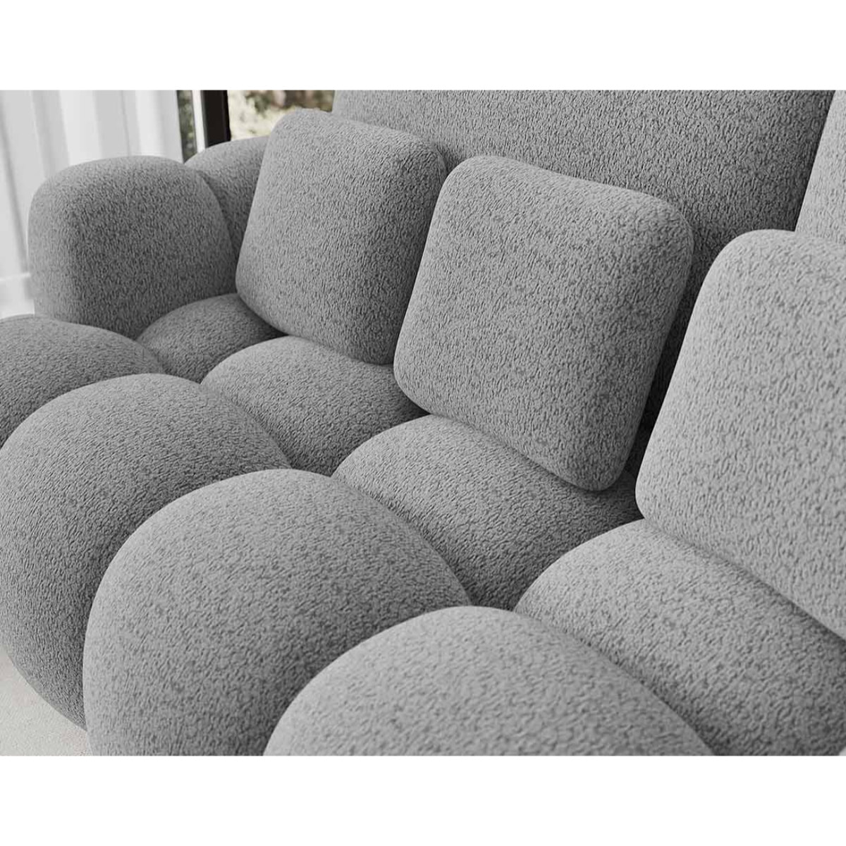 Dorian - Canapé droit 3 places convertible avec coffre en tissu bouclette - Gris clair