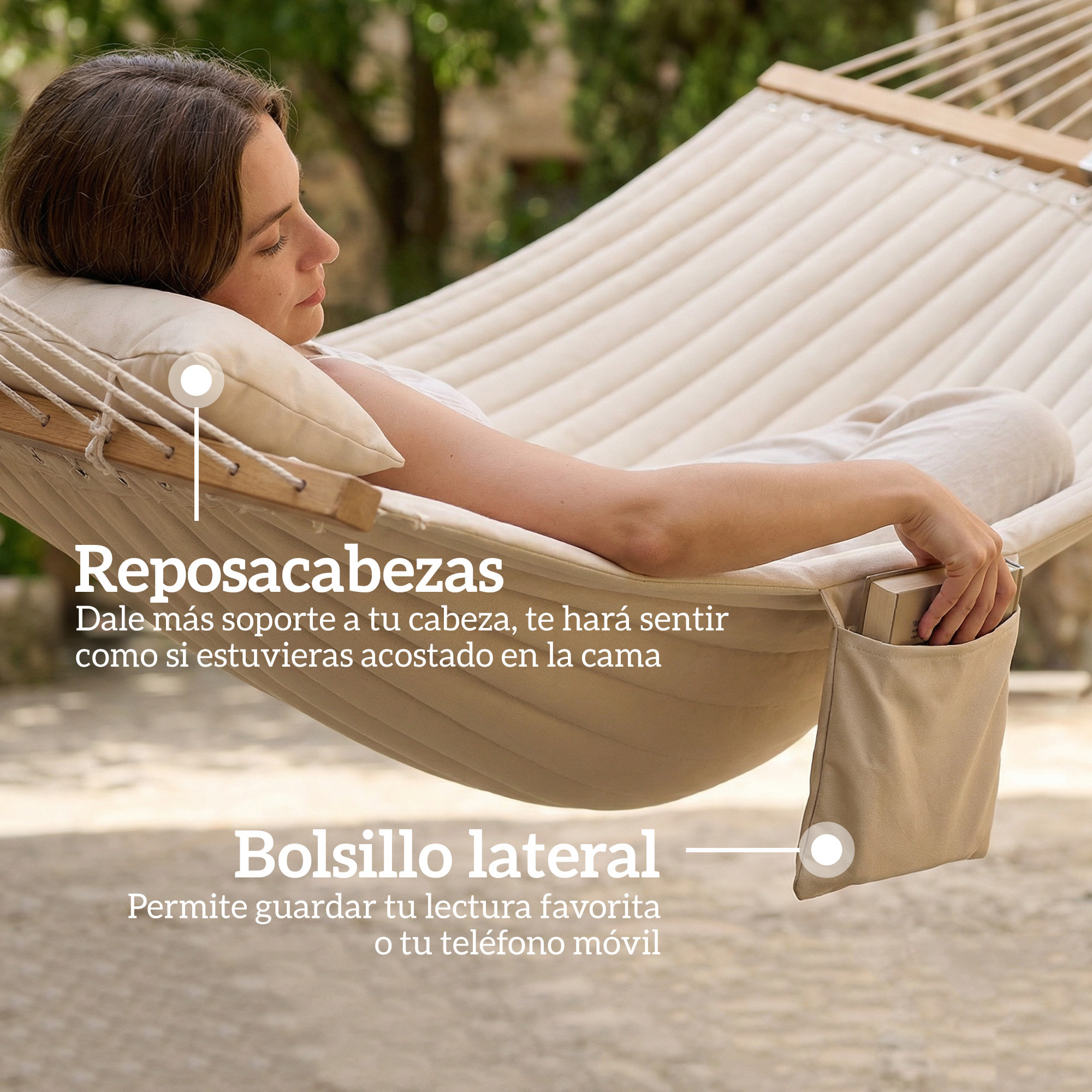Hamaca Acolchada, Hamaca de Jardín Portátil con Almohada Desmontable, Bolsillo para Revistas, Barras Curvadas de Madera, Carga 200 kg, para Patio, Terraza, 325x140 cm, Crema