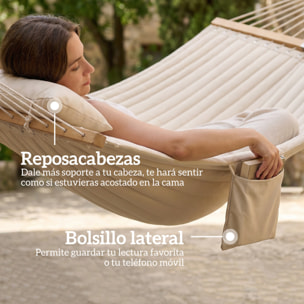 Hamaca Acolchada, Hamaca de Jardín Portátil con Almohada Desmontable, Bolsillo para Revistas, Barras Curvadas de Madera, Carga 200 kg, para Patio, Terraza, 325x140 cm, Crema