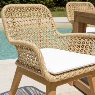 VALERIA - Lot de 2 fauteuils jardin teck rotin synthétique et coussin blanc