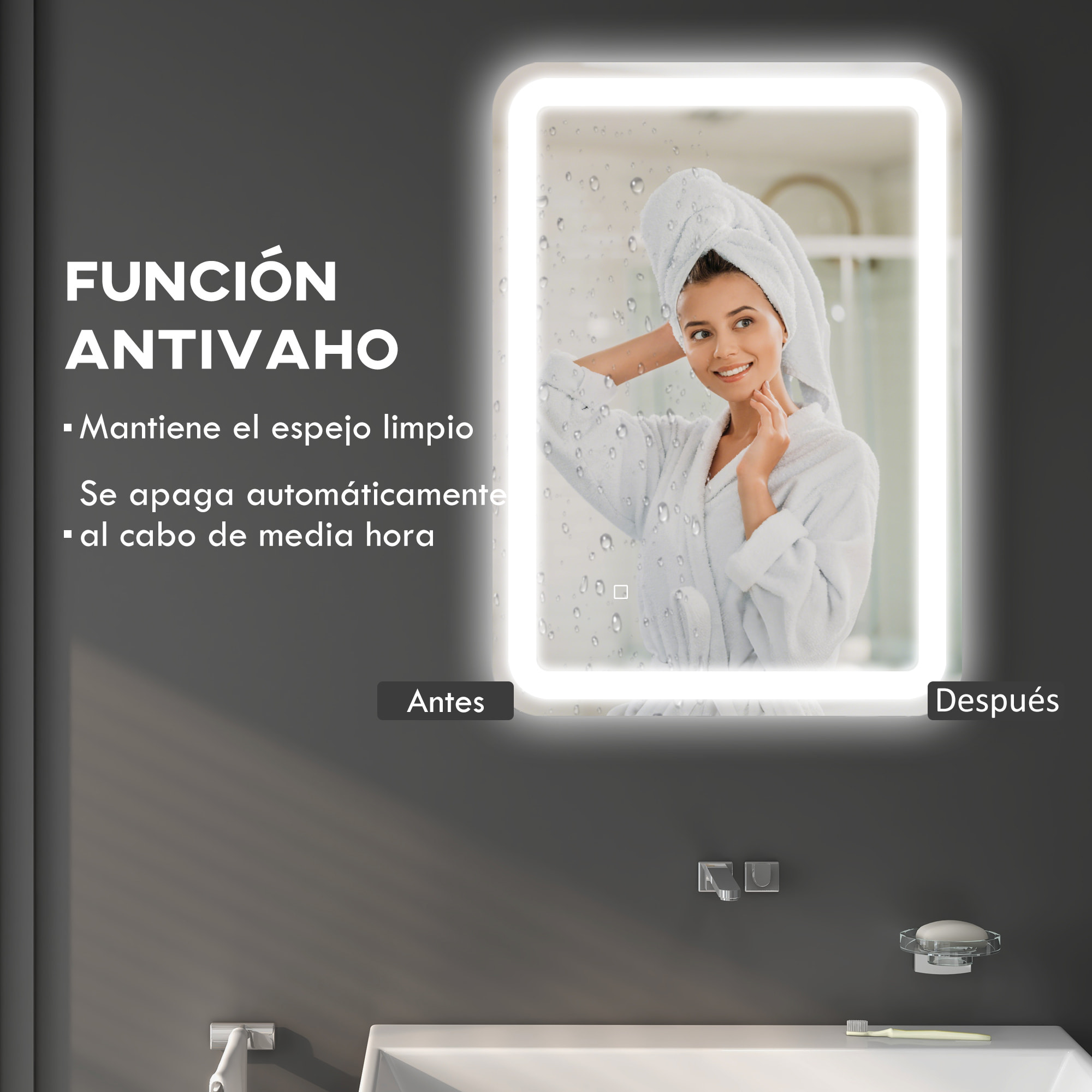 Espejo de Baño con Luces LED, 50x70 cm, Espejo de Pared, 3 Colores de Luz, Brillo Regulable, Función Antivaho, Función de Memoria, Interruptor Táctil, IP44, Horizontal/Vertical