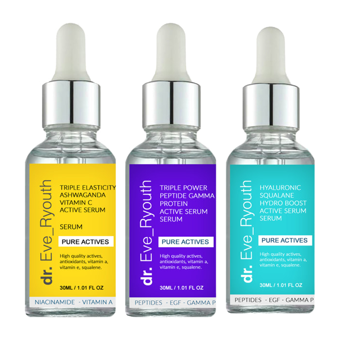 Suero activo Squalane Hydro Boost de ácido hialurónico 30 ml + Suero activo Triple Elasticity Ashwaganda Vitamin C Powerful 30 ml + Suero activo Triple Power Peptide Gamma Protein 30 ml