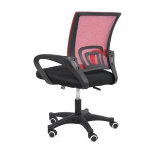 Sedia da ufficio su ruote, Poltrona elevabile con braccioli, Sedia in tessuto imbottito con schienale in rete, cm 62x50h84/93, colore Nero e Rosso