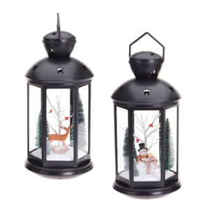 Farol navideño decorativo con escena interior y led blanco cálido 21,5x21,5x43cm