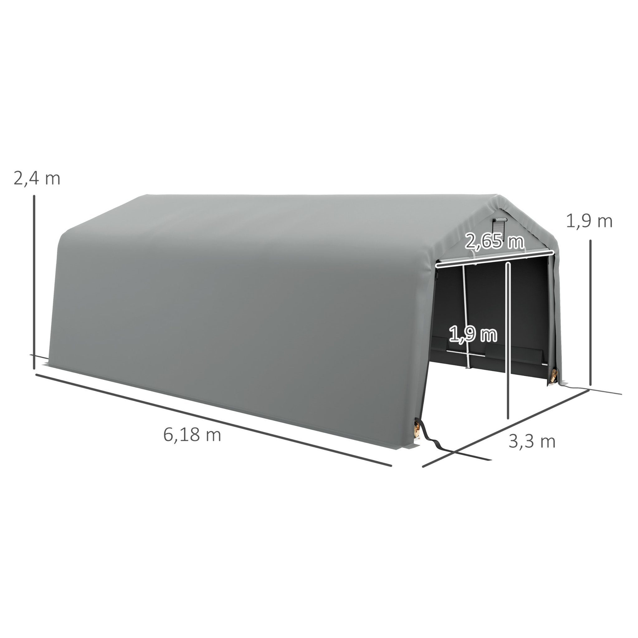 Tente garage carport dim 6L x 3,3l x 2,4H m acier galvanisé robuste PE haute densité 150 g/m² imperméable anti-UV gris