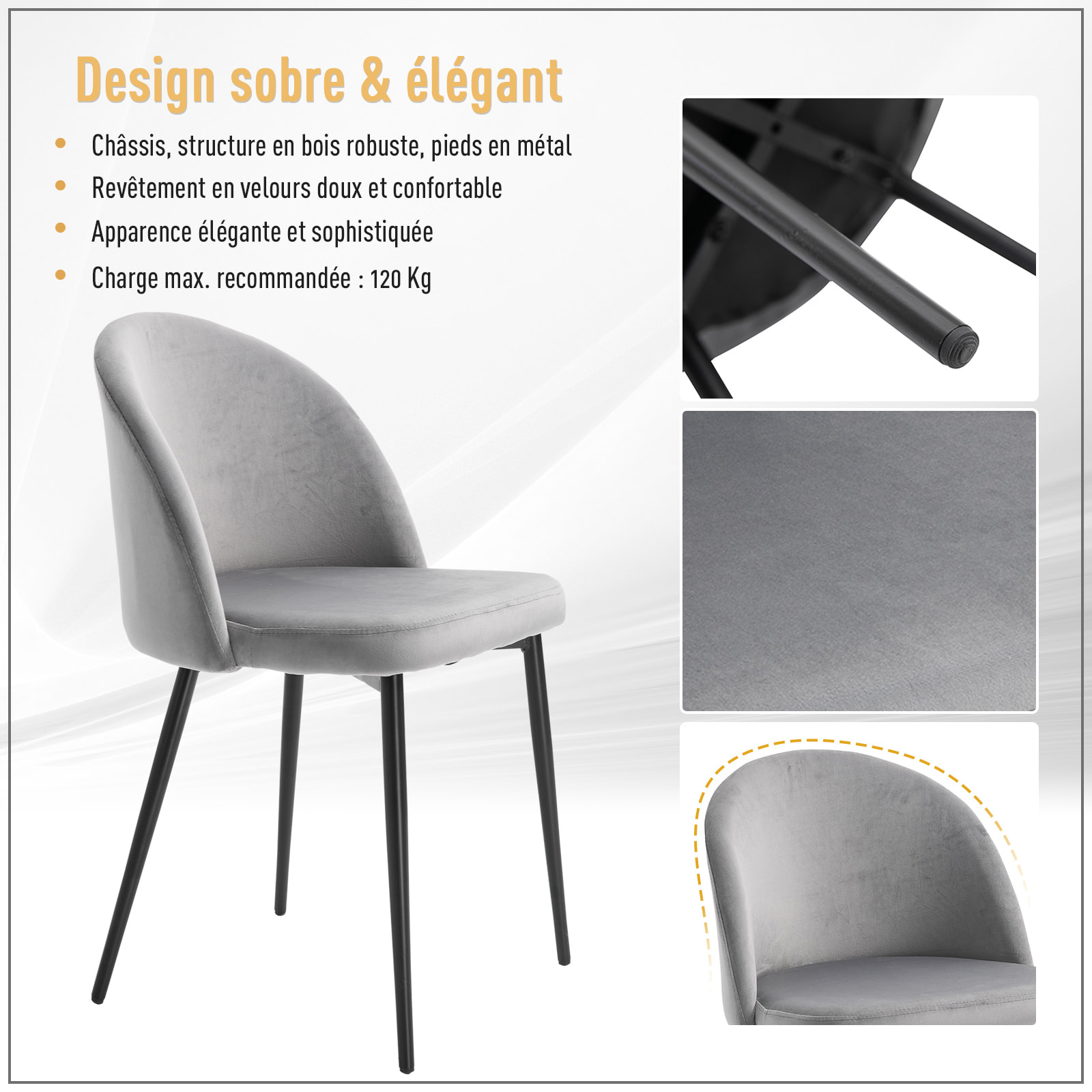 Chaises de visiteur design scandinave - lot de 2 chaises - pieds effilés métal noir - assise dossier ergonomique velours gris