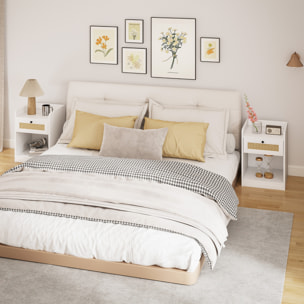Juego de 2 Mesitas de Noche con Cajón con Frontal de Ratán Mesillas de Noche para Dormitorio para Habitación Hogar 40x40x53 cm Blanco