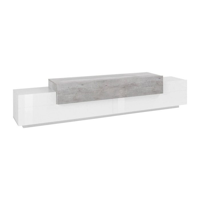 Mobile porta TV Tiche, Credenza bassa da soggiorno, Base porta televisione, 100% Made in Italy, cm 240x45h52, Bianco lucido e Cemento