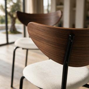 Lot de 2 chaises en velours côtelé blanc crème et dossier en bois - Jade