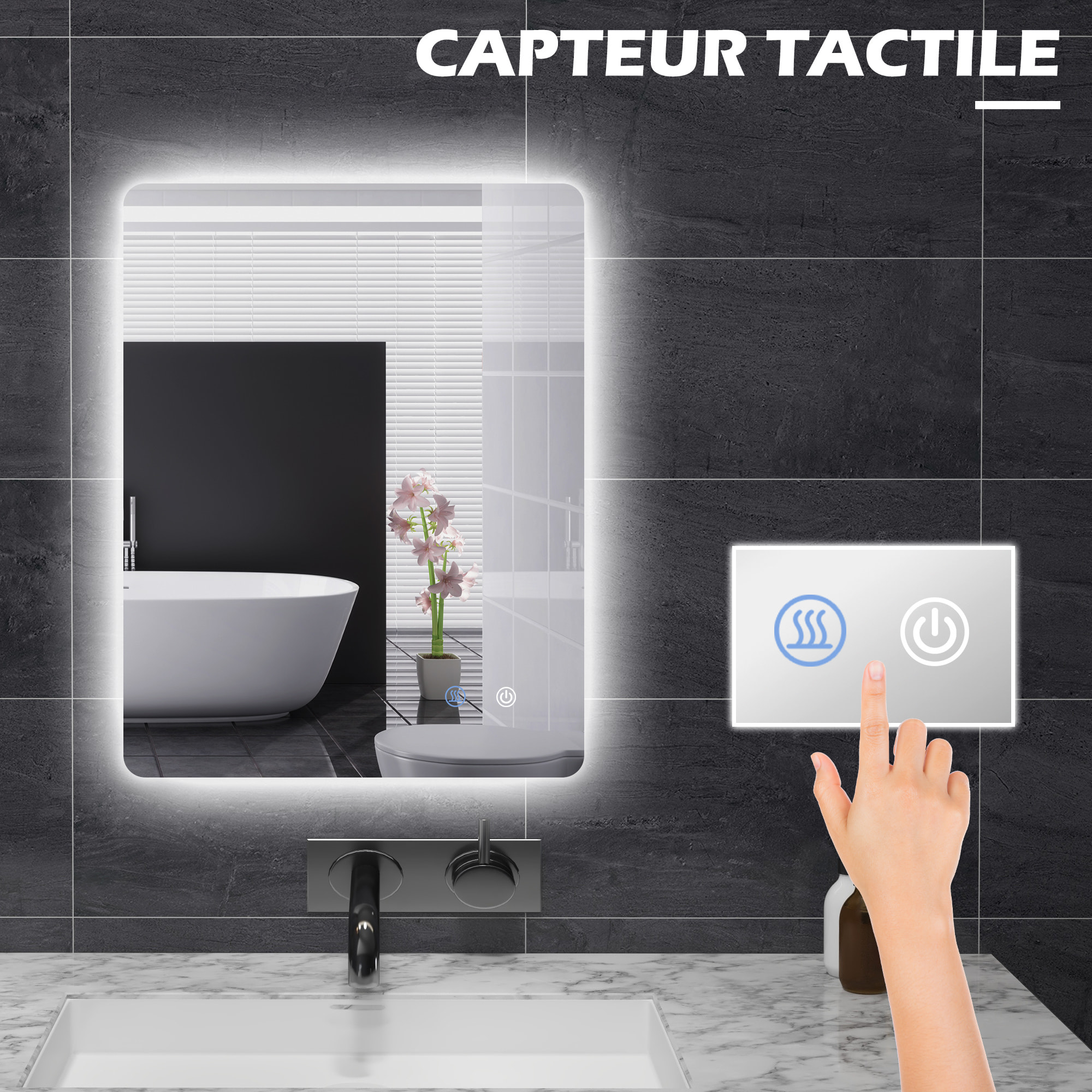 Miroir rectangulaire mural lumineux LED de salle de bain - 70 x 50 cm - avec 3 couleurs, luminosité réglable interrupteur tactile système antibuée blanc transparent