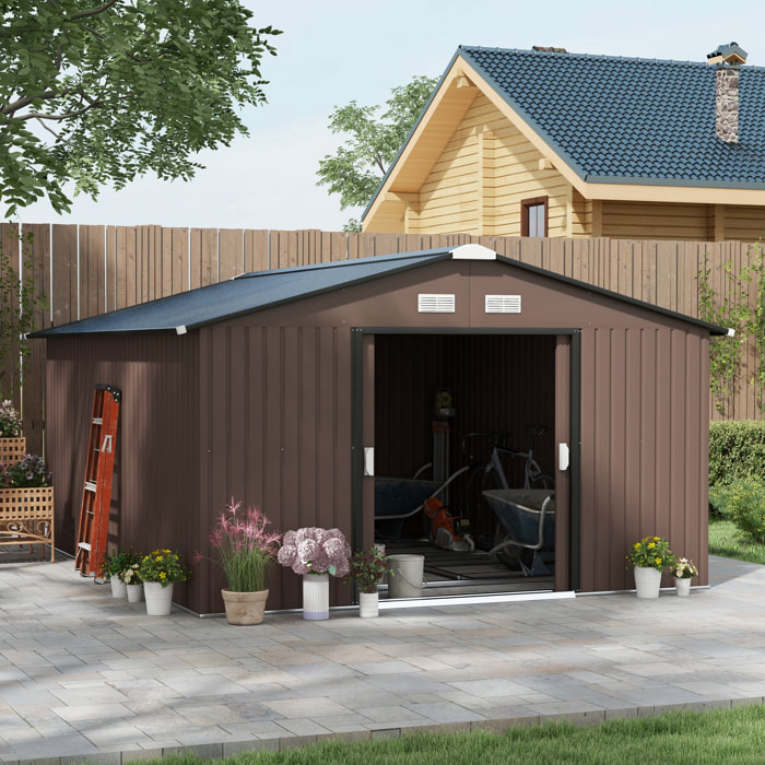 Caseta de Jardín Exterior, 12,4 m² 340x386x200 cm, Cobertizo de Jardín Exterior Metálico con Puerta Corredera, Base Refuerzo (Suelo NO Incluido) y Ventanas Marrón