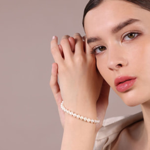 PERLAVIVA - Bracciale con Perle d'Acqua Dolce Bianche Ø 6/6.5 mm in Argento 925 placcato Oro Bianco 18Kt