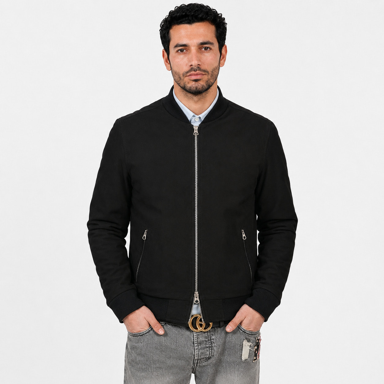 Giubbino in vera pelle di vitello scamosciata Nero-Slim Fit
