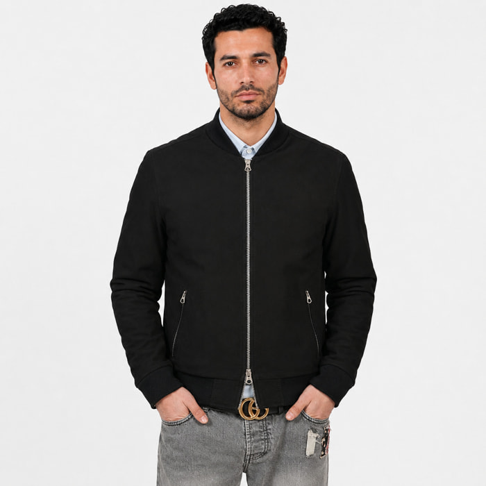 Giubbino in vera pelle di vitello scamosciata Nero-Slim Fit