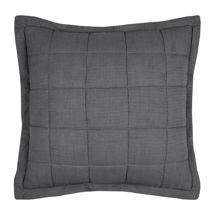 Coussin carré uni en gaze de coton surpiquée - Gris anthracite