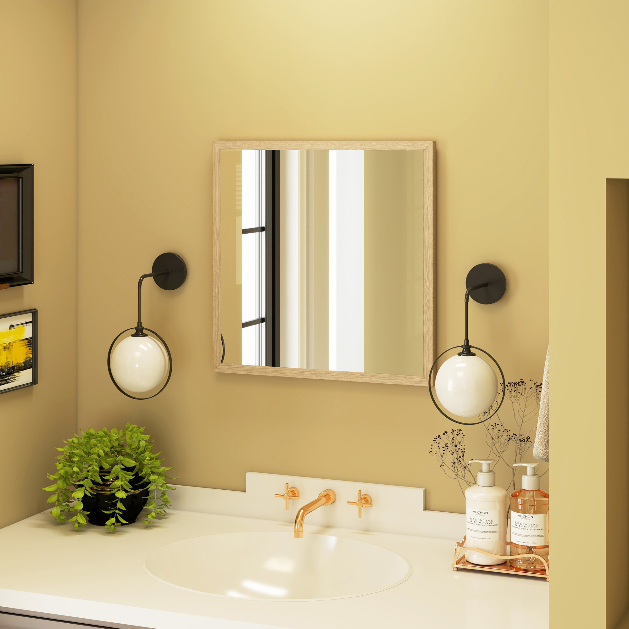 Miroir mural carré dim. 50L x 50H cm cadre effet bois naturel