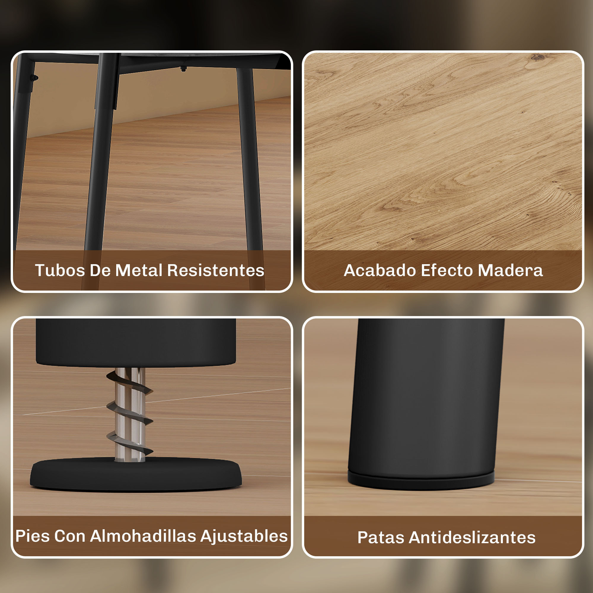 Juego de Mesa y Sillas de Comedor, Mesa de Cocina Redonda con 4 Sillas, Estilo Industrial, Marco Metálico, para Espacios Pequeños, Salón, Natural