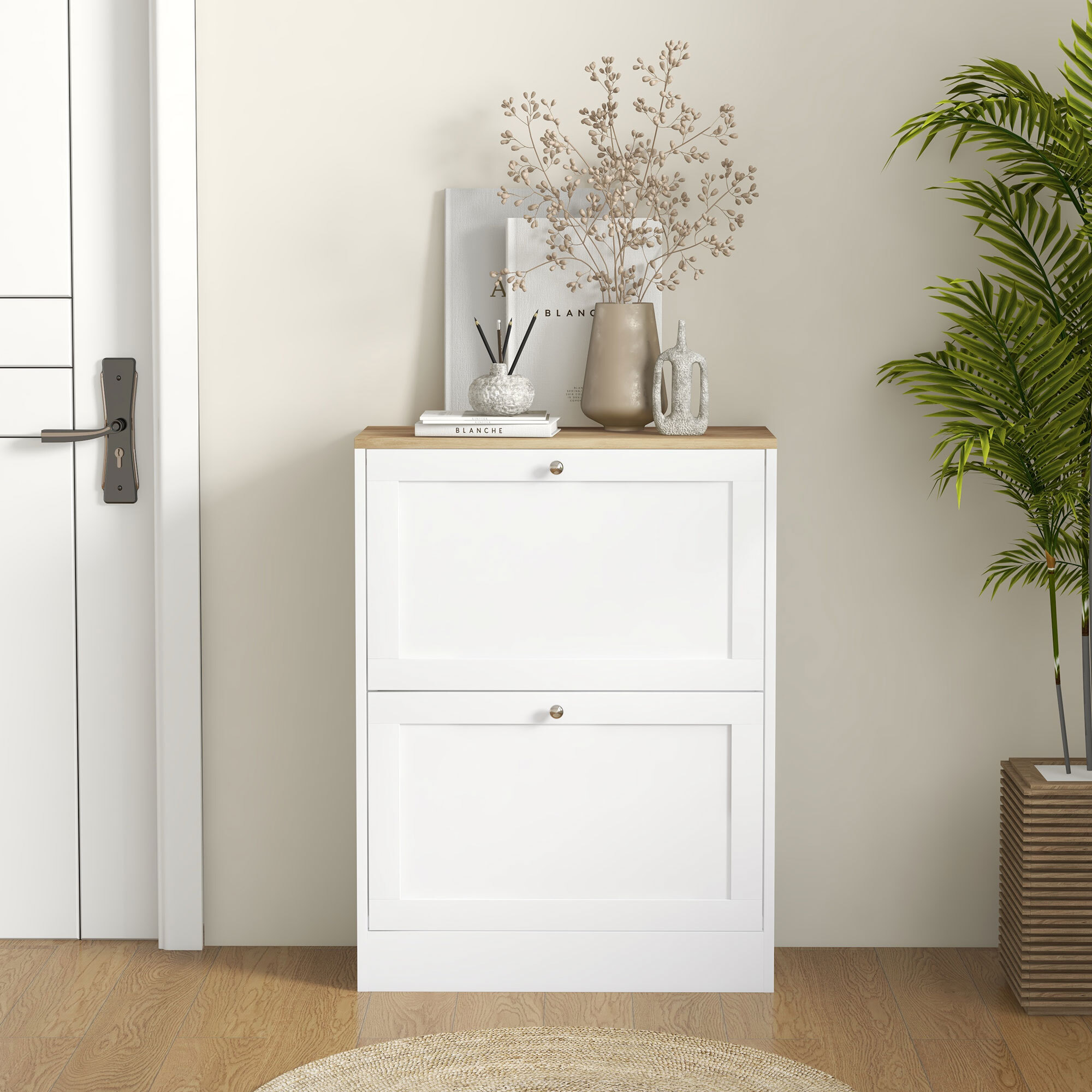 Zapatero Estrecho con 2 Puertas, Zapatero Entrada Recibidor con Estantes Ajustables, para 12 Pares de Zapatos, 60x23,5x80 cm, Blanco