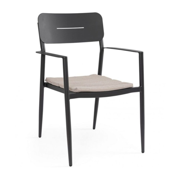 Set di 4 sedie NEBULA in alluminio antracite con cuscino tortora impermeabile, con braccioli