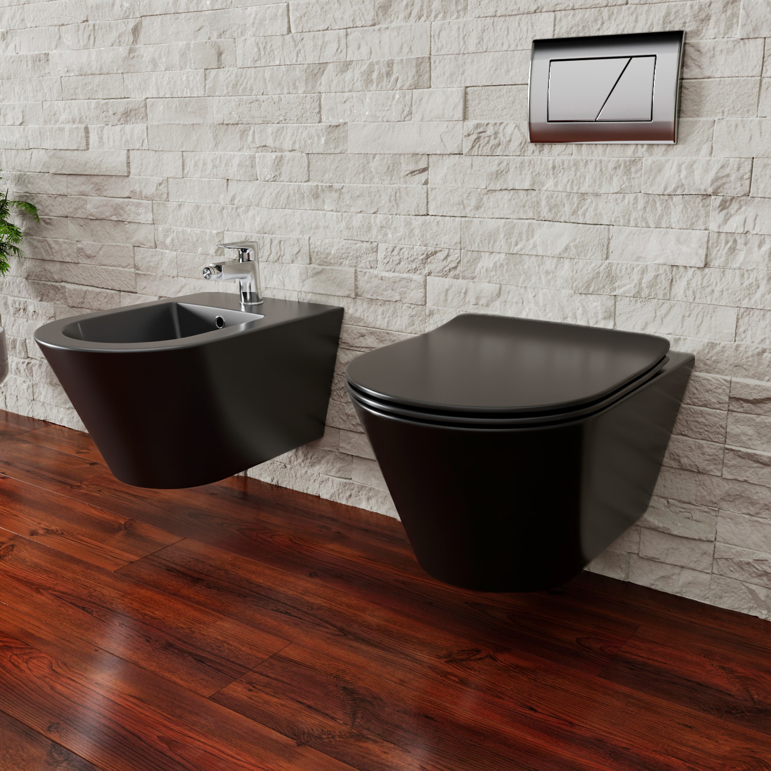 Coppia Sanitari Sospesi Vaso WC Rimless Con Tornado Flush E Bidet Sospeso Moderno Tondo In Ceramica Con Copriwater Chiusura Soft Close Nero Opaco