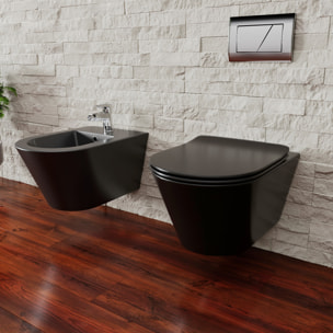 Coppia Sanitari Sospesi Vaso WC Rimless Con Tornado Flush E Bidet Sospeso Moderno Tondo In Ceramica Con Copriwater Chiusura Soft Close Nero Opaco