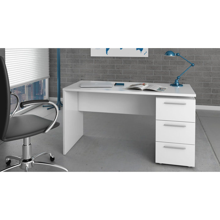 Scrivania Dallas, Scrittoio da ufficio moderno, Tavolo da studio con cassettiera a 2 cassetti e 1 anta, cm 138x60h74, Bianco