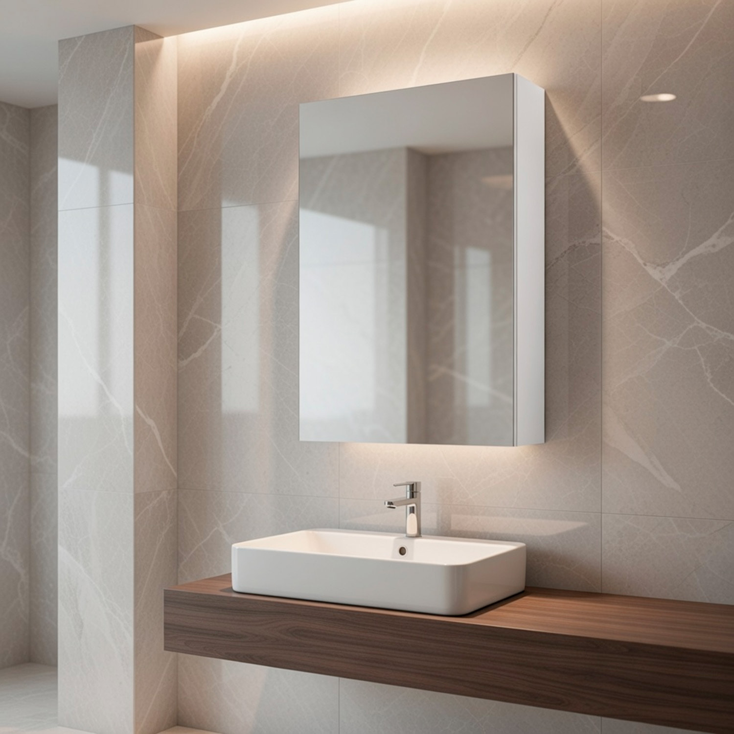 Pensile Bagno Con Anta A Specchio E Ripiani Interni Mobile Sospeso Salvaspazio In Melaminico Arredo Bagno Moderno Minimal  65 x 40 x 21 Cm Bianco