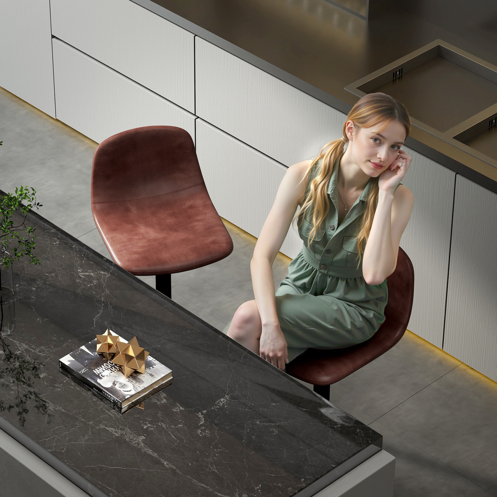 Juego de 2 Taburetes de Bar Taburetes Altos de Cocina Regulable en Altura 84-104 cm con Respaldo y Reposapiés Tapizado en PU Giratorio en 360° para Comedor Mostrador Marrón